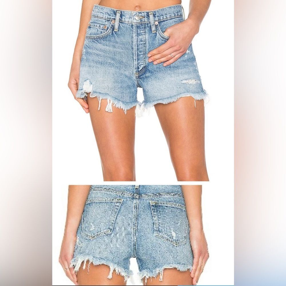 Agolde Frayed Hem Jean Shorts - Light Blue